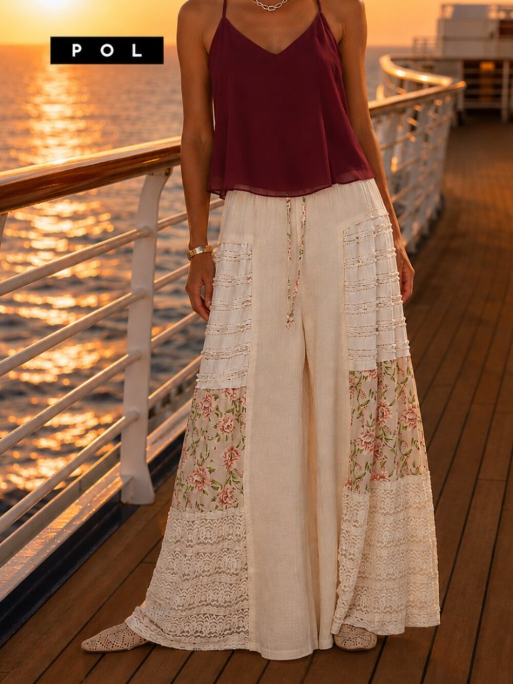 POL Boho Romantic Victorian Lace Gauze Free Flowing Flare Leg 100% Cotton Pants